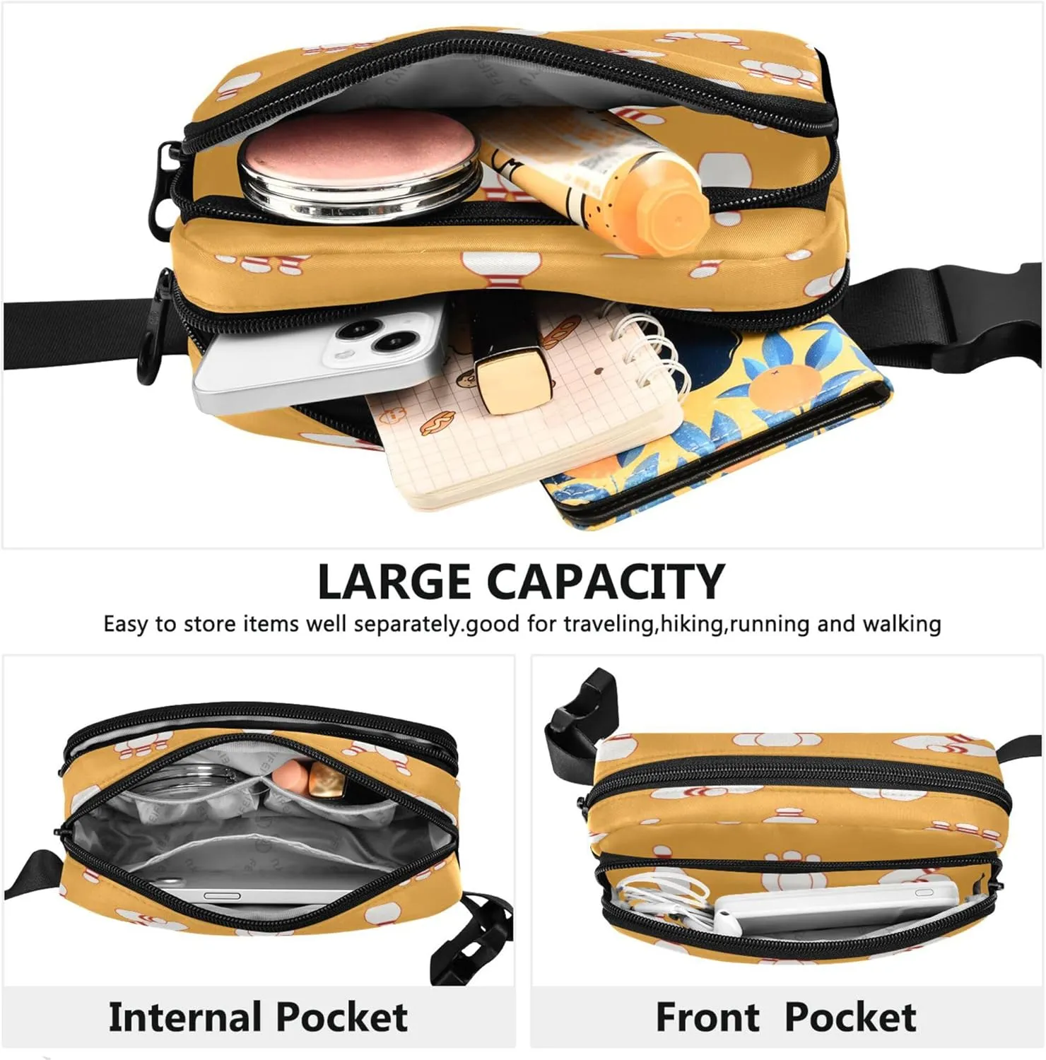 Exnundod Fanny Packs Cartoon Bowling Pin Pattern Running Waist Pack Women Crossbody Bags Waterproof Men Fanny Pack
