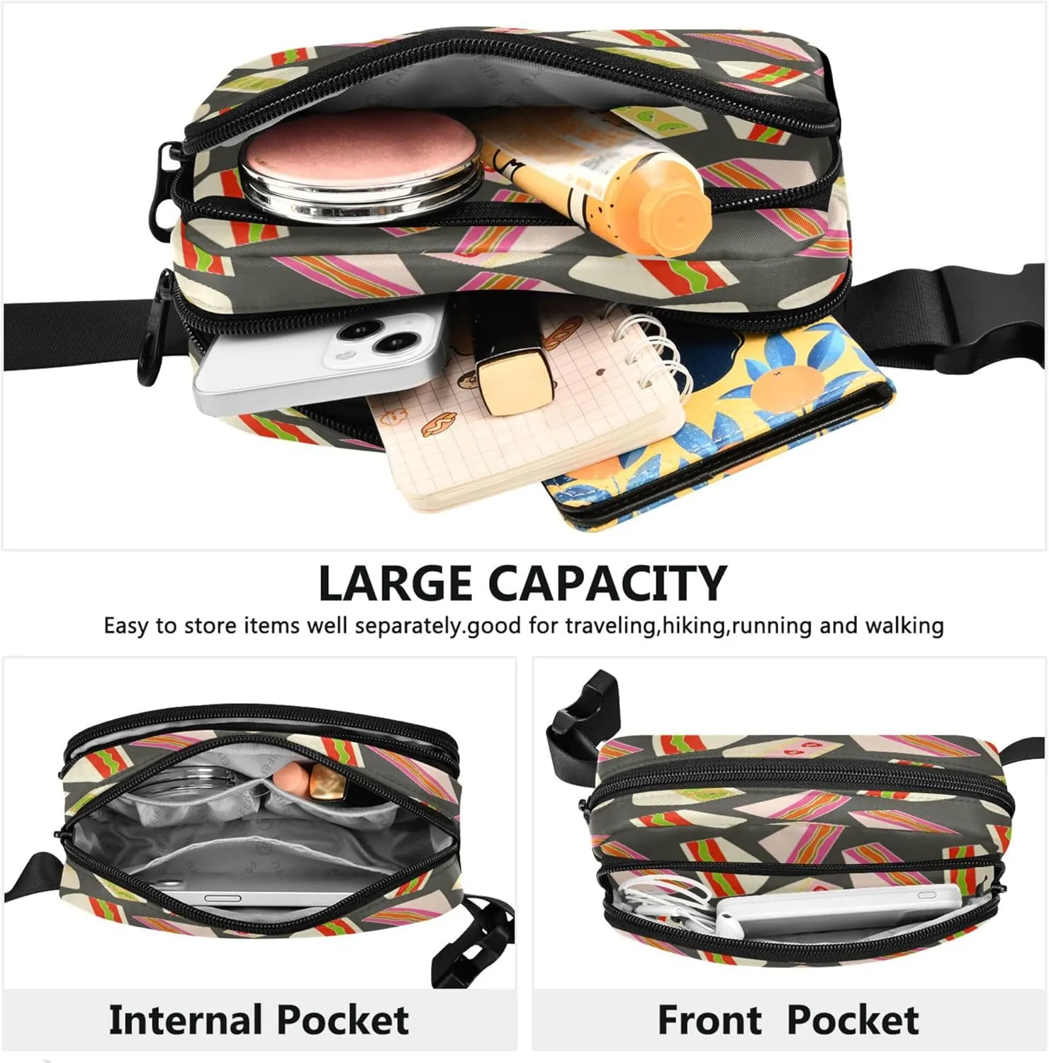 Exnundod Fanny Packs Cartoon Strawberry Sandwich Running Waist Pack Women Crossbody Bags Waterproof Men Fanny Pack
