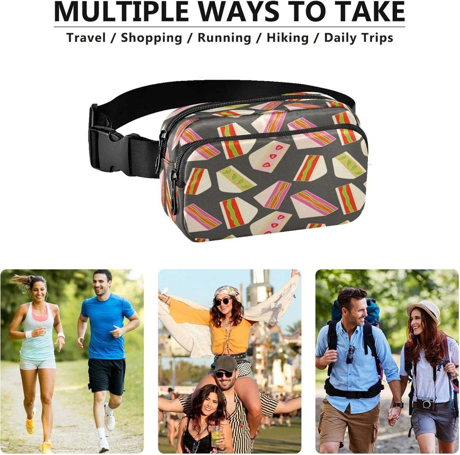 Exnundod Fanny Packs Cartoon Strawberry Sandwich Running Waist Pack Women Crossbody Bags Waterproof Men Fanny Pack