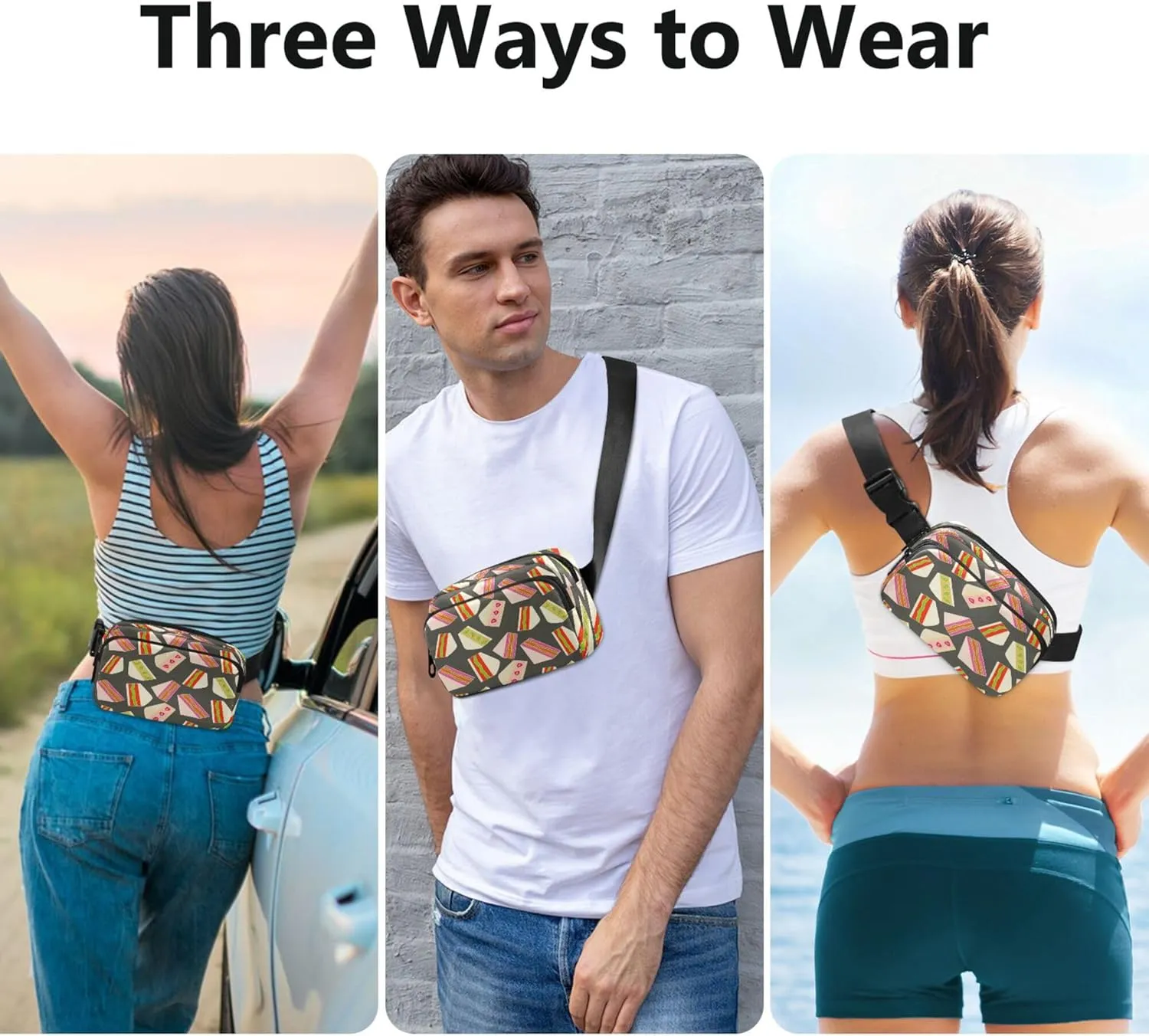 Exnundod Fanny Packs Cartoon Strawberry Sandwich Running Waist Pack Women Crossbody Bags Waterproof Men Fanny Pack