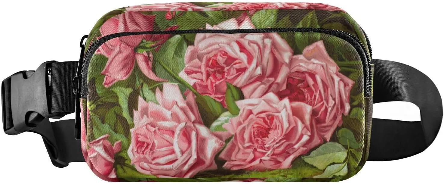 Exnundod Fanny Packs for Women & Men Retro Pink Roses, Waist Pack Oil Painting Crossbody Bags Belt Adjustable Strap for Travel Running Hiking