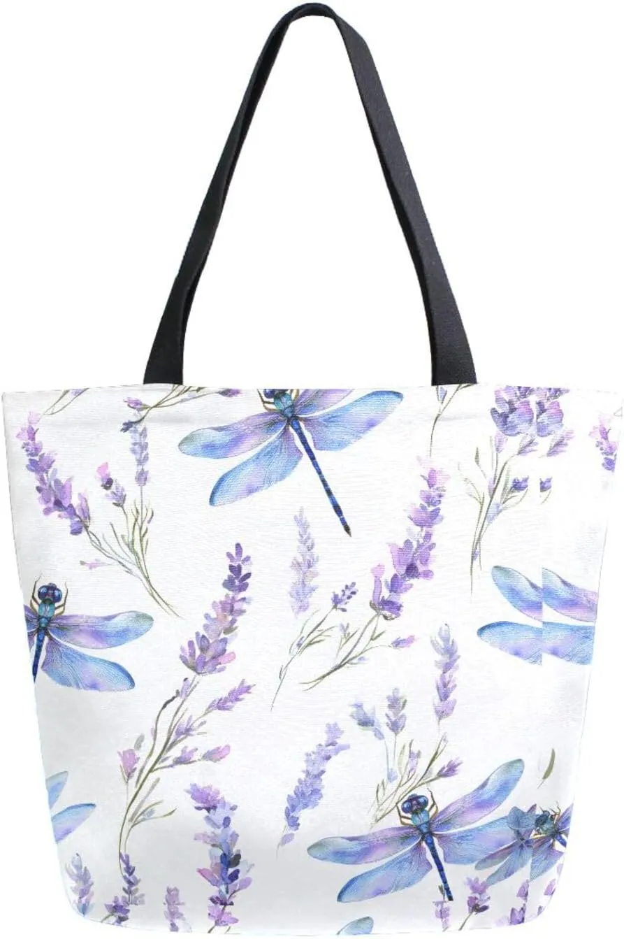 Extra Large Shoulder Tote Bag for Beach Travel Weekender Gym Dragonfly Lavender Pattern Purple Reusable Grocery Canvas Shopping Bag