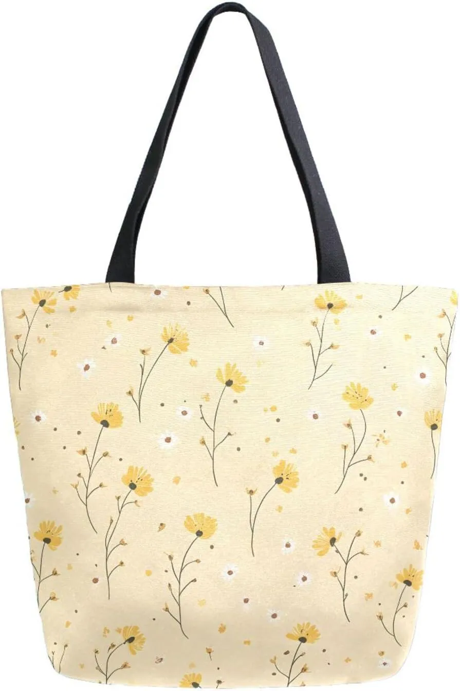 Extra Large Shoulder Tote Bag for Beach Travel Weekender Gym Little Flower Pattern Yellow Reusable Grocery Canvas Shopping Bag