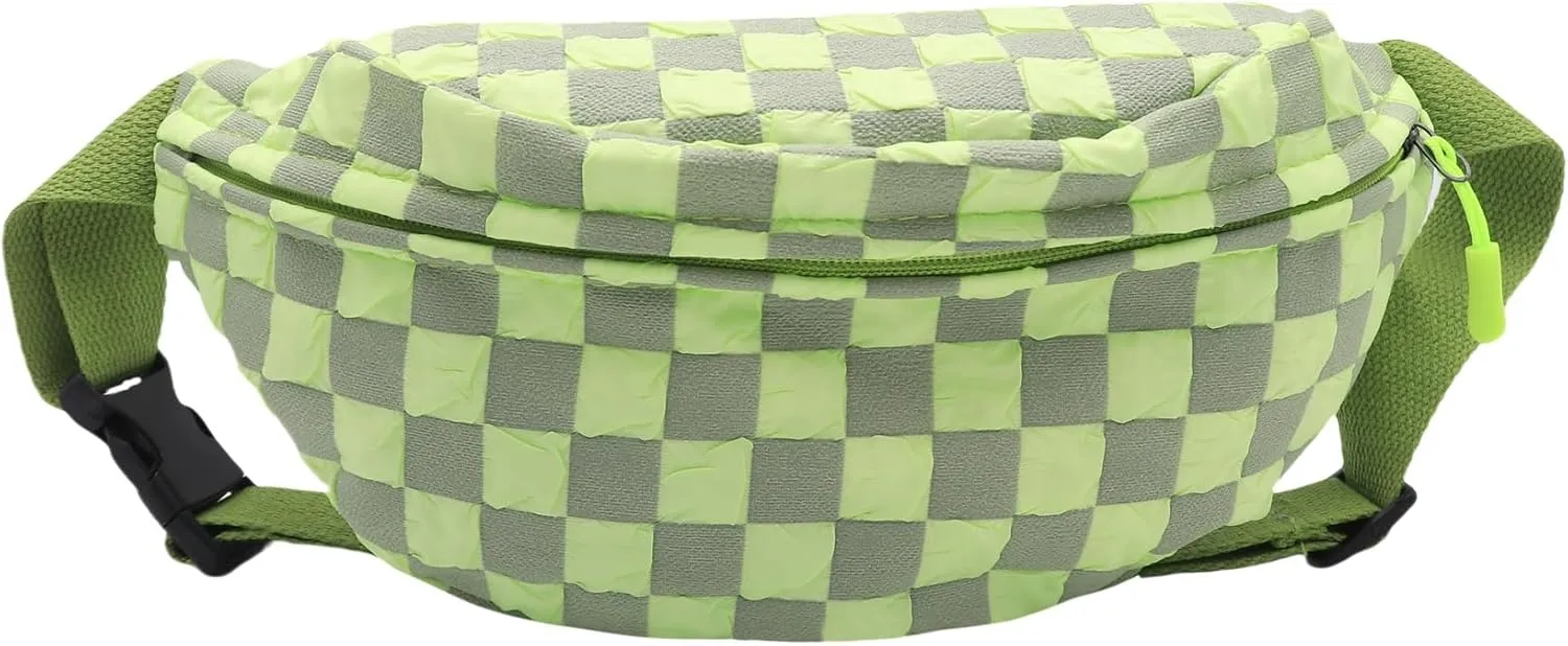 Fashion Checkered Waist Pack for Men Women Canvas Crossbody Bag Sports Running Fanny Pack with Adjustable Belt