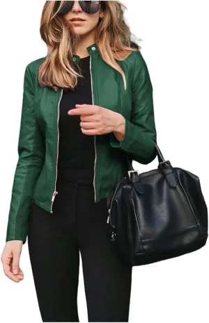 Faux Leather Jacket for Women Casual Bomber Jacket Cropped Zip Up Long Sleeve Jackets Fall Blazers