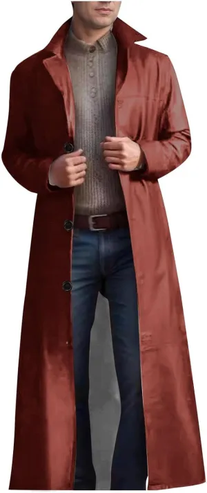 Faux Leather Jackets Mens Winter Coats Long Trench Coat Pu Leather Jacket Single Breasted Outerwear Trendy Overcoats