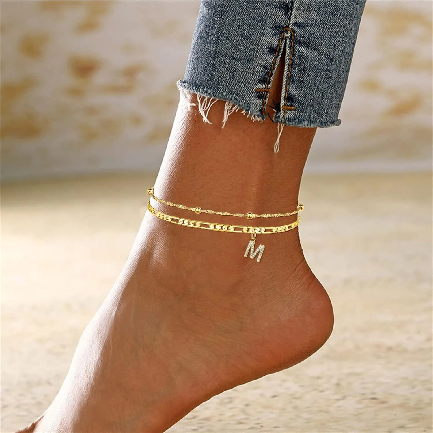 Female Foot Chain 26 Letters Zircon Double Layer Anklet Jewelry Anklet 26 Initial Anklet Bracelets for Women Letters Anklet Friendship Bracelet (M, One Size)