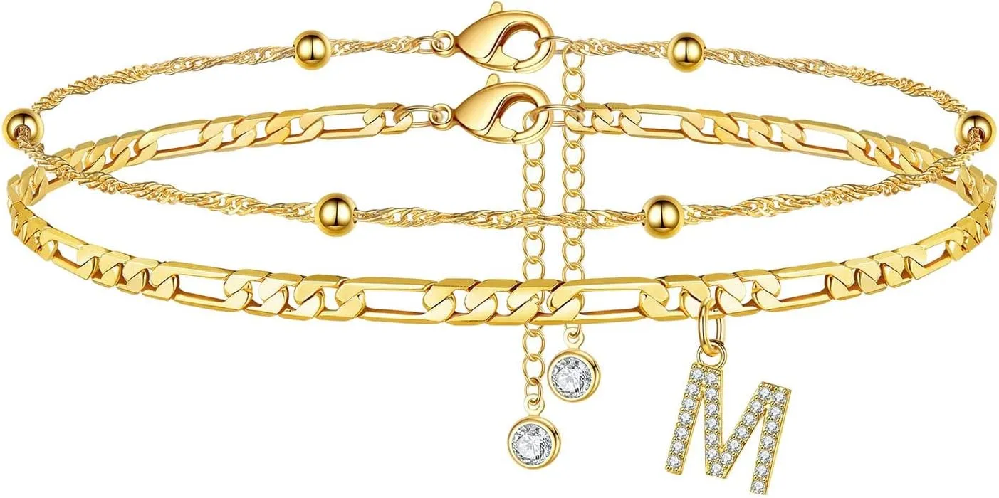 Female Foot Chain 26 Letters Zircon Double Layer Anklet Jewelry Anklet 26 Initial Anklet Bracelets for Women Letters Anklet Friendship Bracelet (M, One Size)