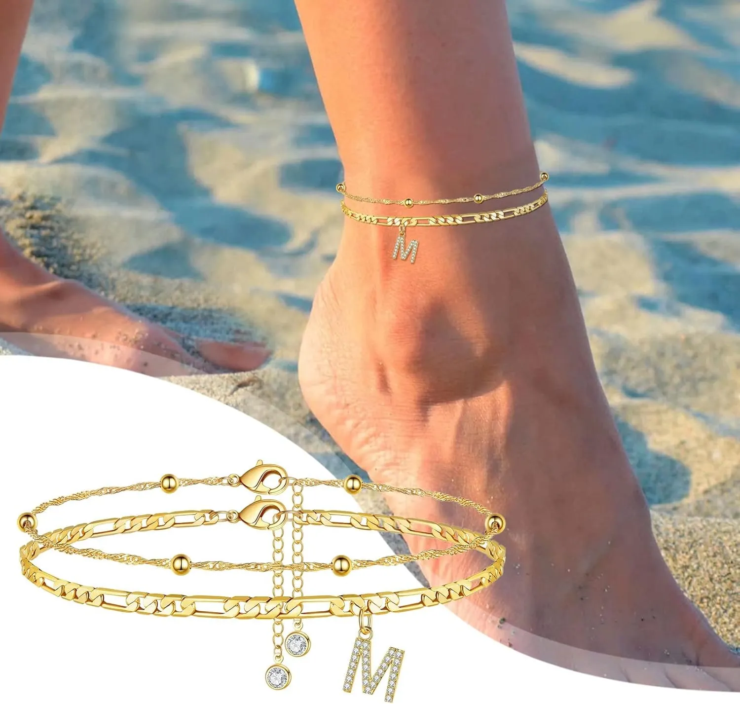 Female Foot Chain 26 Letters Zircon Double Layer Anklet Jewelry Anklet 26 Initial Anklet Bracelets for Women Letters Anklet Friendship Bracelet (M, One Size)