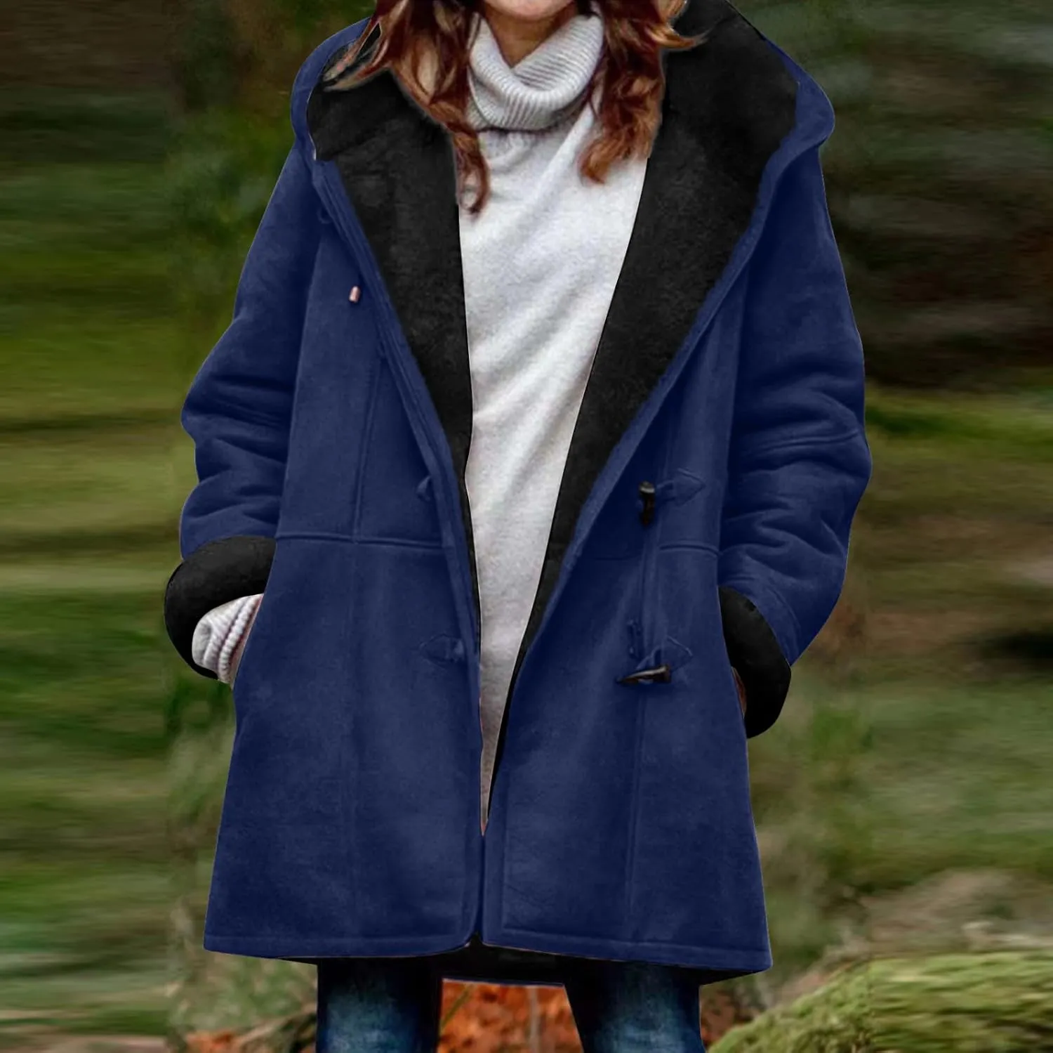 Fleece Lined Jackets For Women Soft Fuzzy Long Hoodie Jacket Casual Sherpa Lined Horn Button Coats Warm Winter Outfits