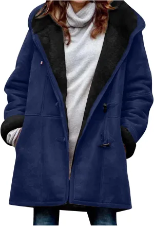 Fleece Lined Jackets For Women Soft Fuzzy Long Hoodie Jacket Casual Sherpa Lined Horn Button Coats Warm Winter Outfits