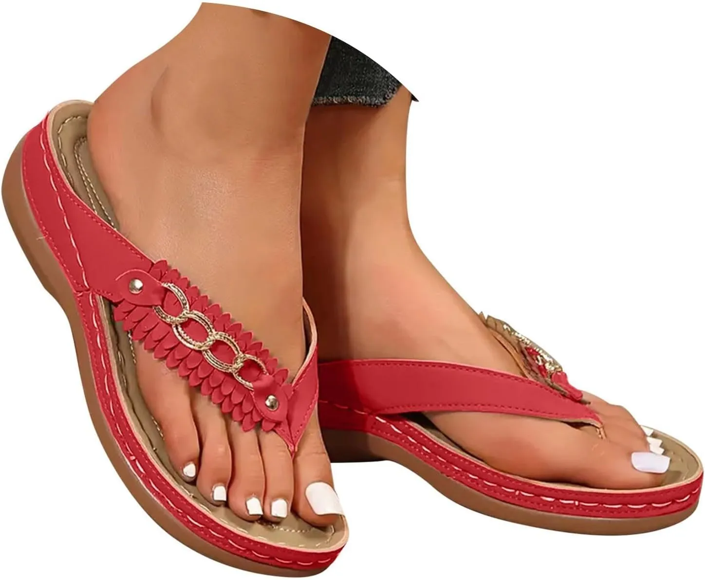 Flip Flops for Women Metal Buckle Beach Slippers Summer Comfort Walking Non Slip Casual Thong Orthopedic Sandals