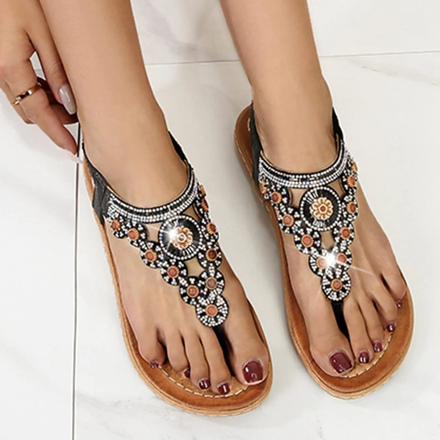 Flip Flops Sandals Women Arch Support Wedge Sandals T-Strap Buckle Orthopedic Sandal Summer Beach Bohemian Shoes