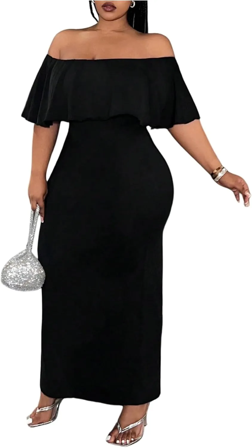 Floerns Women's Plus Size Off Shoulder Maxi Dress Foldover Short Sleeve Bodycon Dresses