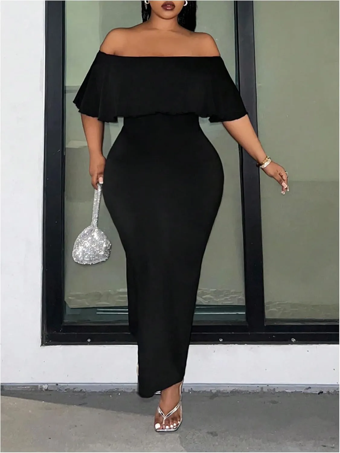 Floerns Women's Plus Size Off Shoulder Maxi Dress Foldover Short Sleeve Bodycon Dresses