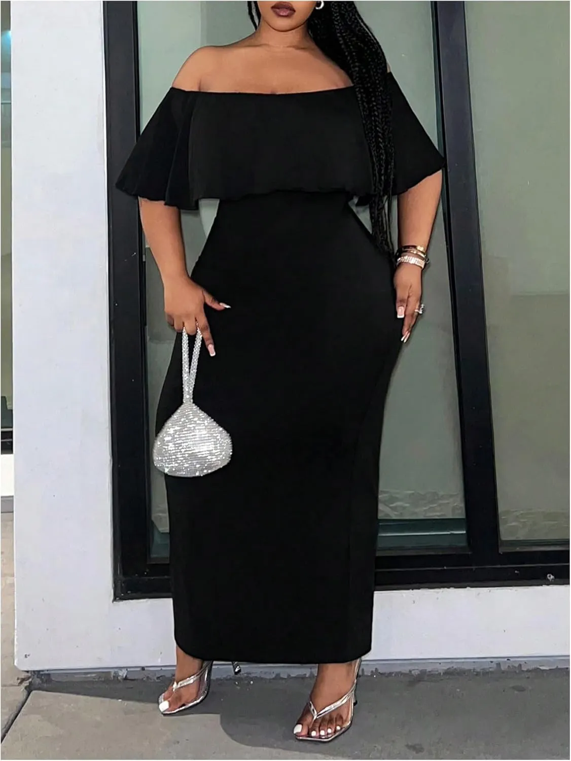 Floerns Women's Plus Size Off Shoulder Maxi Dress Foldover Short Sleeve Bodycon Dresses