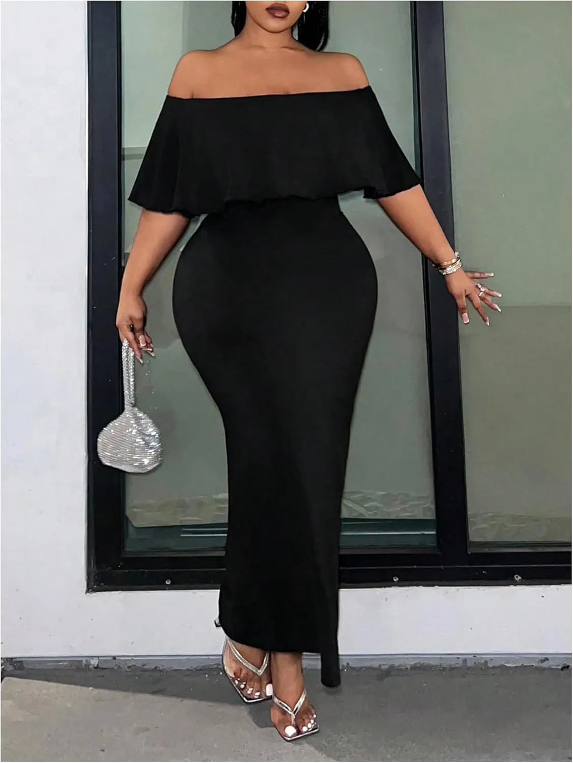 Floerns Women's Plus Size Off Shoulder Maxi Dress Foldover Short Sleeve Bodycon Dresses