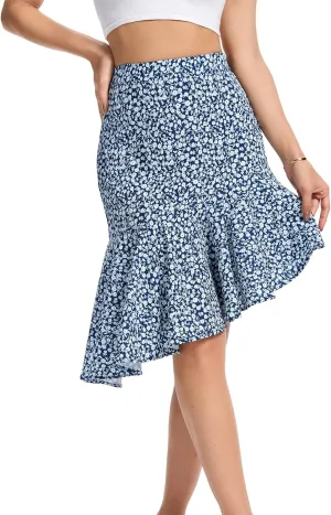Floral Midi Skirt for Women Boho Flowy Ruffle Elastic High Waist Summer Skirts Casual Asymmetric Hem Skirt