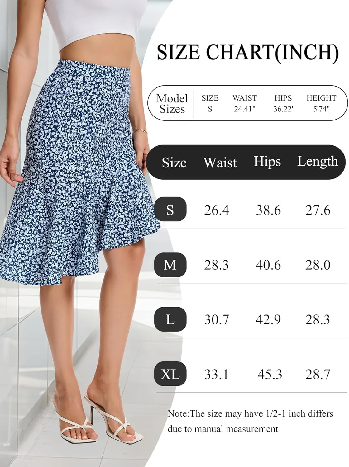 Floral Midi Skirt for Women Boho Flowy Ruffle Elastic High Waist Summer Skirts Casual Asymmetric Hem Skirt