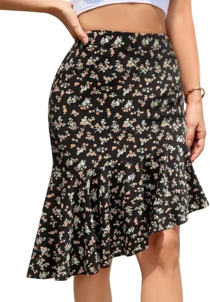 Floral Midi Skirt for Women Boho Flowy Ruffle Elastic High Waist Summer Skirts Casual Asymmetric Hem Skirt