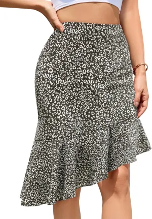 Floral Midi Skirt for Women Boho Flowy Ruffle Elastic High Waist Summer Skirts Casual Asymmetric Hem Skirt