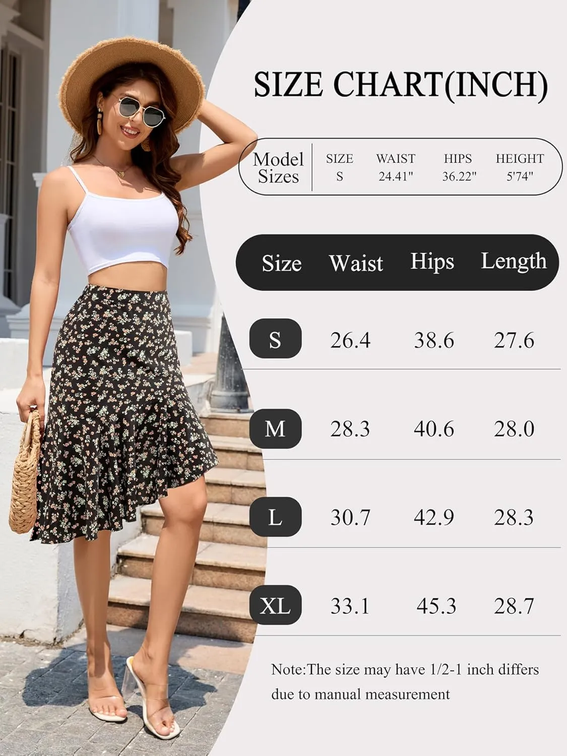 Floral Midi Skirt for Women Boho Flowy Ruffle Elastic High Waist Summer Skirts Casual Asymmetric Hem Skirt