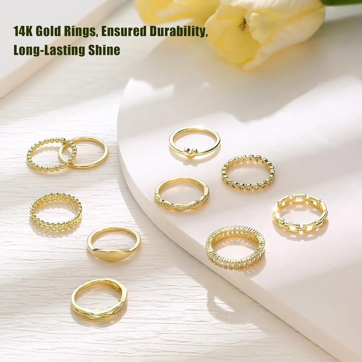 Florideco 10 PCS Dainty Rings for Women Non Tarnish, 14K Stackable Ring Set, Wedding Promise Eternity Bands Rings, Trendy Thin Simple Thumb Knuckle Stacking Ring Pack Size 5/6/7/8/9/10