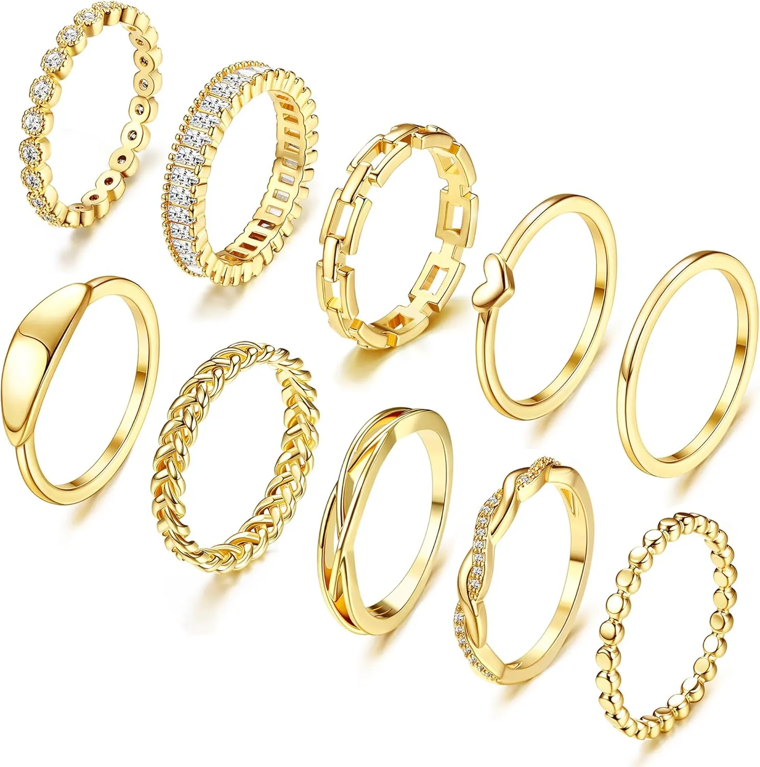 Florideco 10 PCS Dainty Rings for Women Non Tarnish, 14K Stackable Ring Set, Wedding Promise Eternity Bands Rings, Trendy Thin Simple Thumb Knuckle Stacking Ring Pack Size 5/6/7/8/9/10