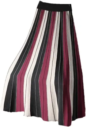 Fnfmrfmr Women Knitted Long Skirt Contrast Striped Print A Line High Waist Pleated Midi Skirt