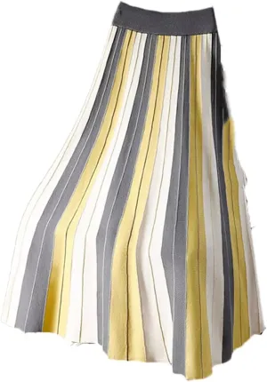 Fnfmrfmr Women Knitted Long Skirt Contrast Striped Print A Line High Waist Pleated Midi Skirt