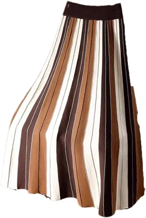 Fnfmrfmr Women Knitted Long Skirt Contrast Striped Print A Line High Waist Pleated Midi Skirt