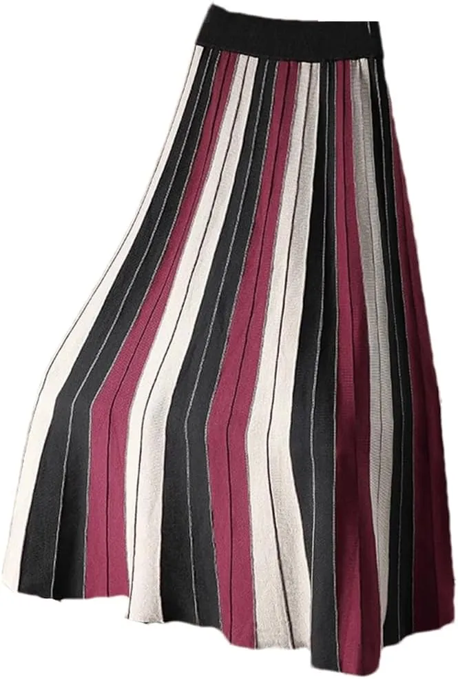 Fnfmrfmr Women Knitted Long Skirt Contrast Striped Print A Line High Waist Pleated Midi Skirt