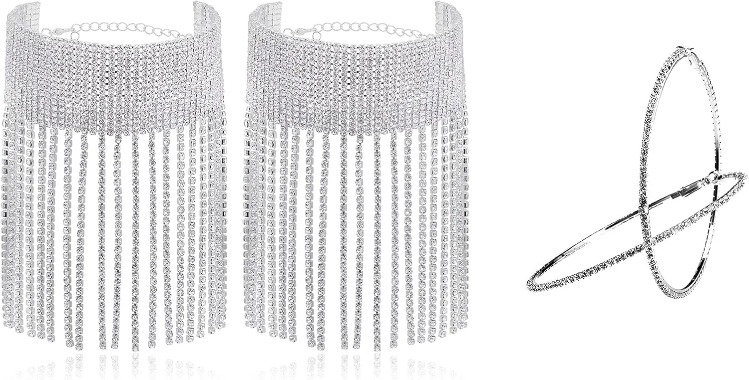 Fringe Anklet Foot Jewlery & Rhinestone Hoop Earrings Set