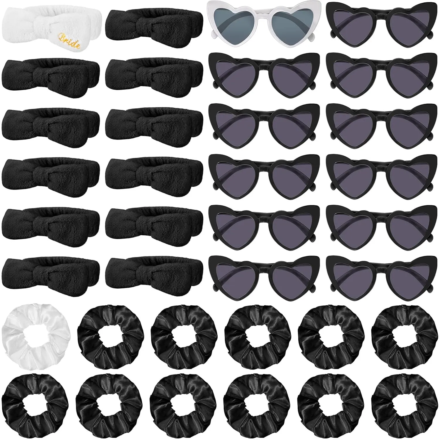 Geiserailie 36 Pcs Bachelorette Party Accessories 12 Bride Spa Headbands 12 Bridesmaid Scrunchies Ties 12 Bachelorette Sunglasses Bridesmaids Proposal Gifts for Wedding Party Favors(Black)