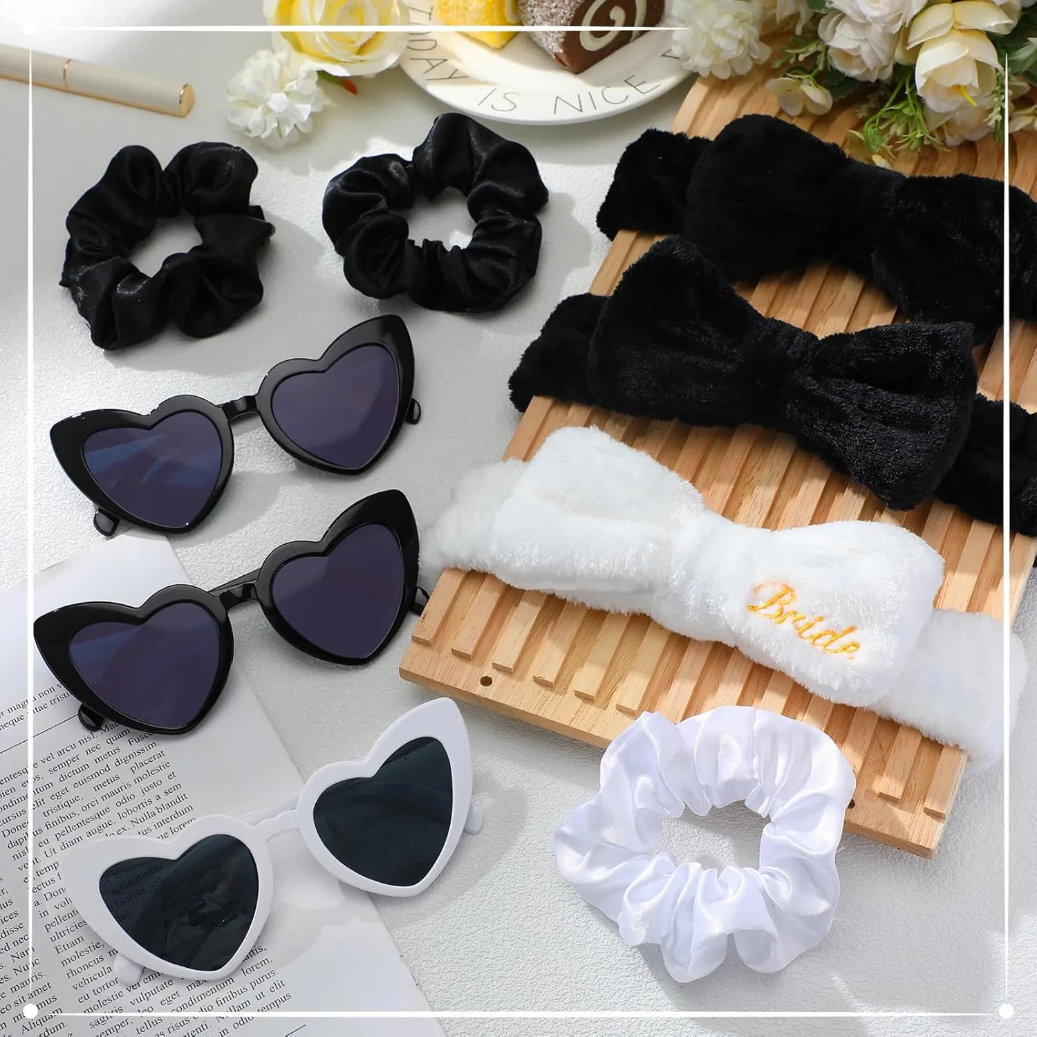 Geiserailie 36 Pcs Bachelorette Party Accessories 12 Bride Spa Headbands 12 Bridesmaid Scrunchies Ties 12 Bachelorette Sunglasses Bridesmaids Proposal Gifts for Wedding Party Favors(Black)