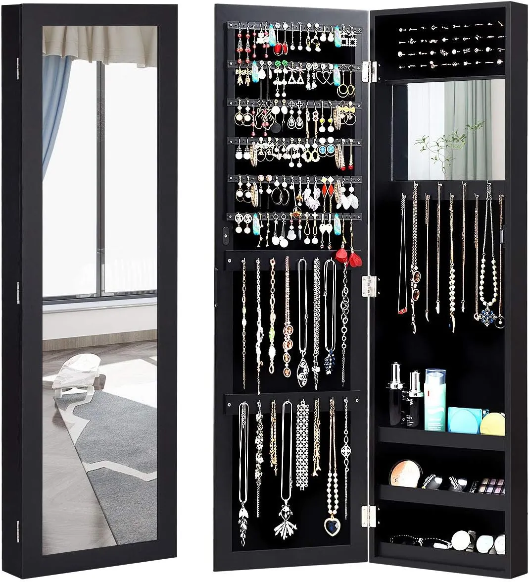 Giantex Jewelry Armoire Cabinet Wall Door Mounted with Full Length Mirror, Jewelry Organizer with Makeup Mirror, Ring Earring Slots, Necklace Hooks, Large Capacity Storage Jewelry Armoire (Black)