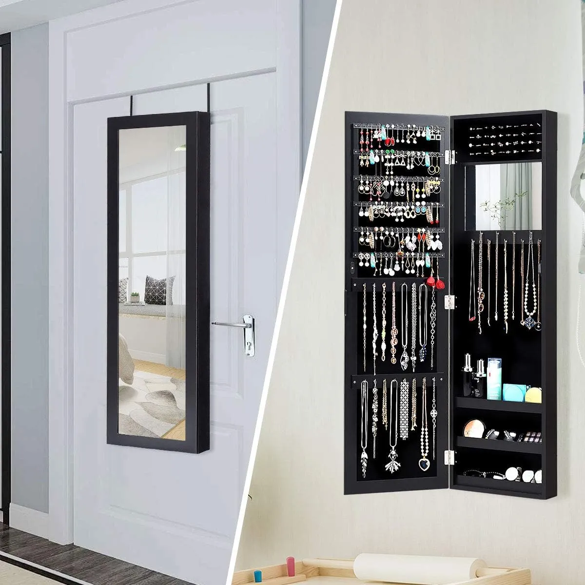 Giantex Jewelry Armoire Cabinet Wall Door Mounted with Full Length Mirror, Jewelry Organizer with Makeup Mirror, Ring Earring Slots, Necklace Hooks, Large Capacity Storage Jewelry Armoire (Black)