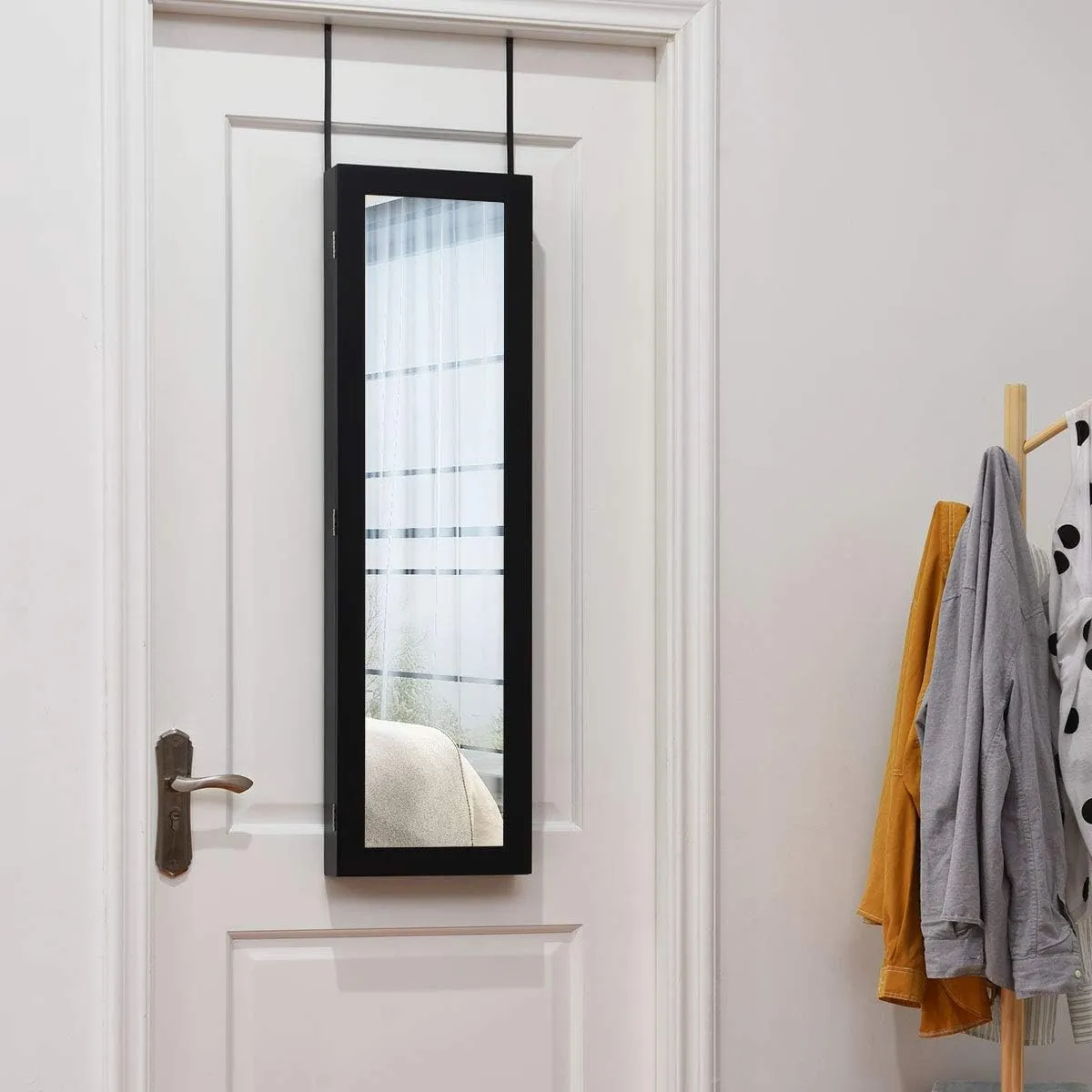 Giantex Jewelry Armoire Cabinet Wall Door Mounted with Full Length Mirror, Jewelry Organizer with Makeup Mirror, Ring Earring Slots, Necklace Hooks, Large Capacity Storage Jewelry Armoire (Black)