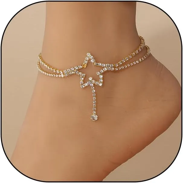 GIGB PBDK Layerd Rhinestone Heart Star Anklets for Women,14K Gold Crystal Star Love Dangle Anklets Party Prom Bohemia Foot Chain Jewelry Gifts