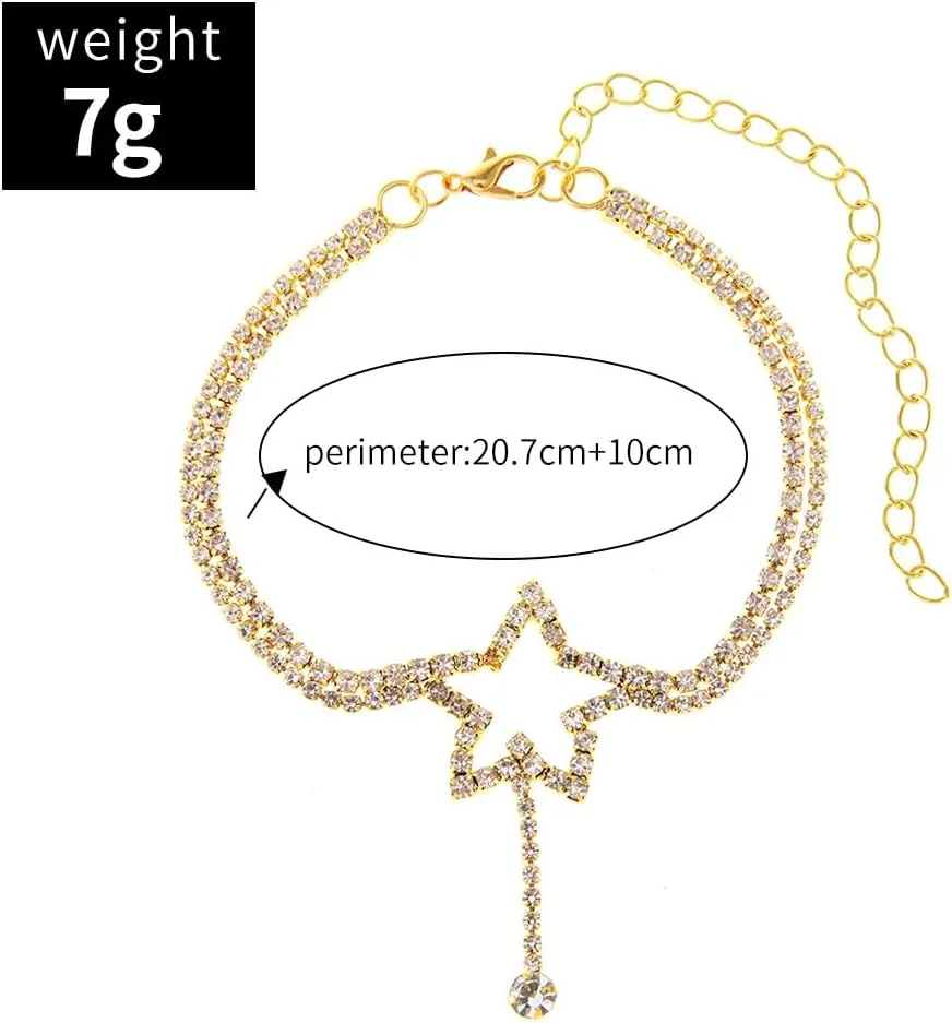GIGB PBDK Layerd Rhinestone Heart Star Anklets for Women,14K Gold Crystal Star Love Dangle Anklets Party Prom Bohemia Foot Chain Jewelry Gifts