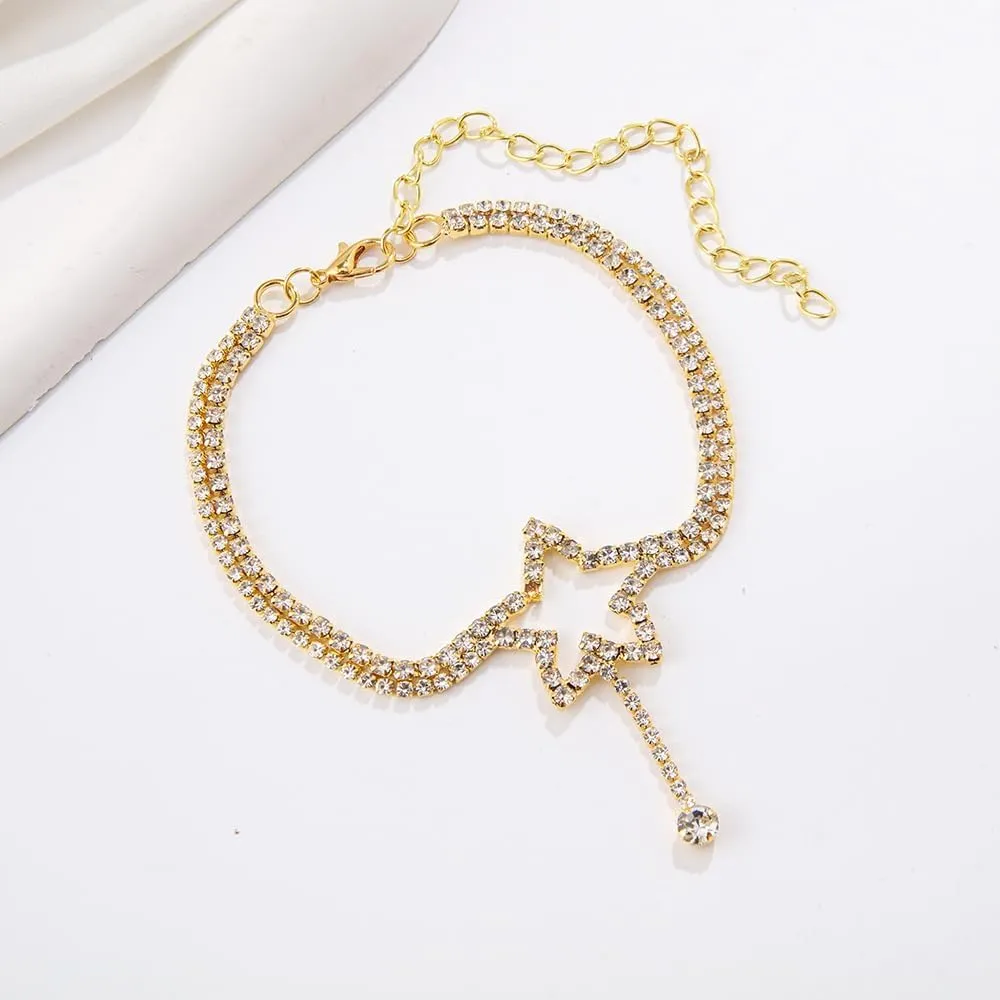 GIGB PBDK Layerd Rhinestone Heart Star Anklets for Women,14K Gold Crystal Star Love Dangle Anklets Party Prom Bohemia Foot Chain Jewelry Gifts