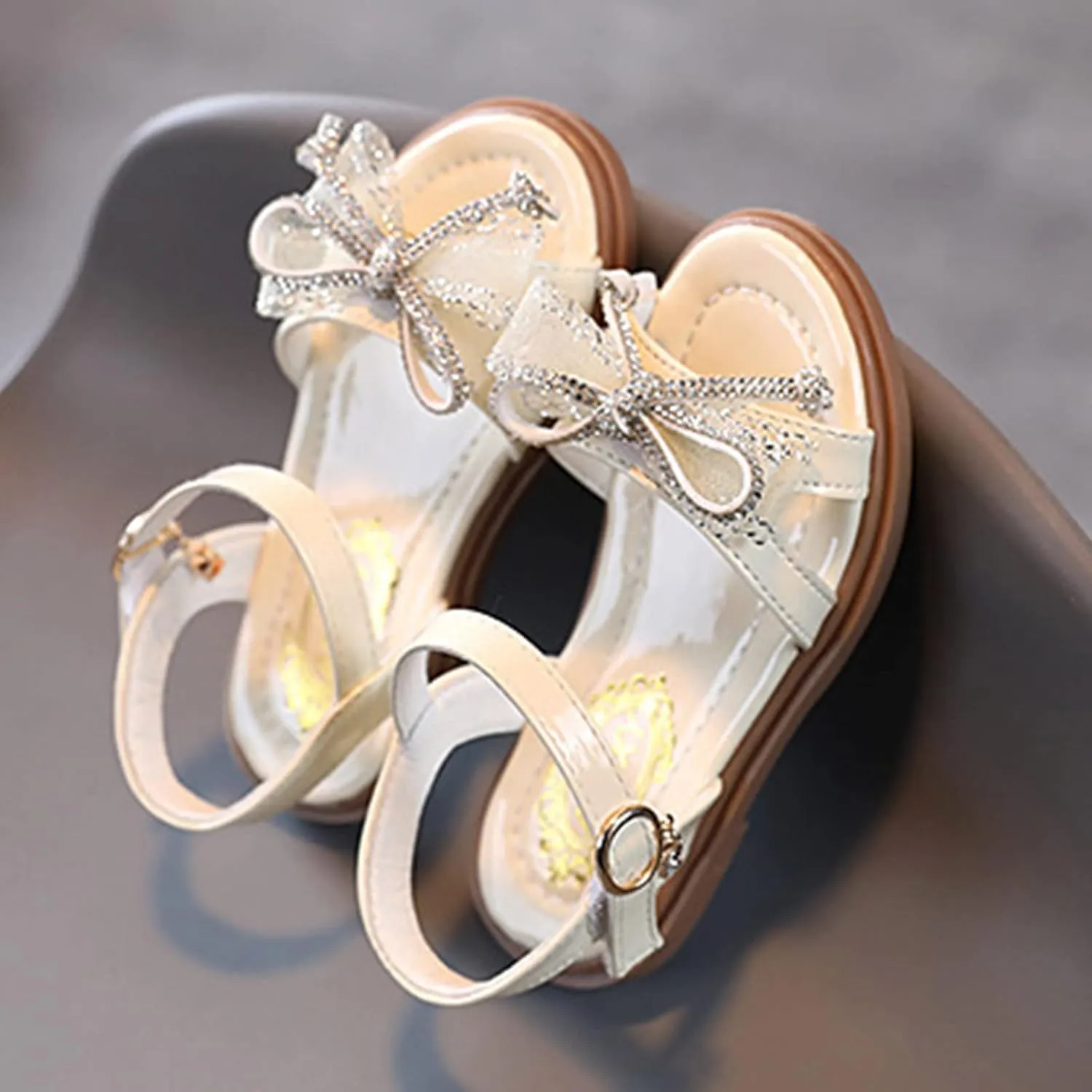 Girls Sandals Bowknot Dress Shoes Open Toe Ankle Strap Buckle Flat Sandal Slip On Rounded Toe Walking Shoes