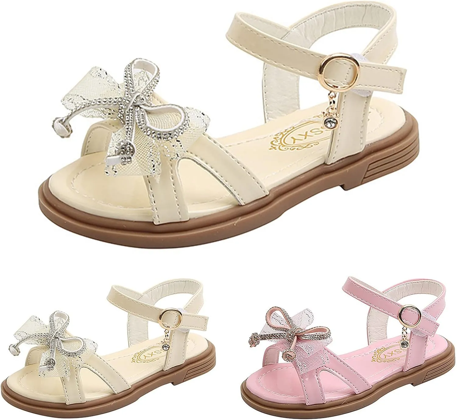 Girls Sandals Bowknot Dress Shoes Open Toe Ankle Strap Buckle Flat Sandal Slip On Rounded Toe Walking Shoes