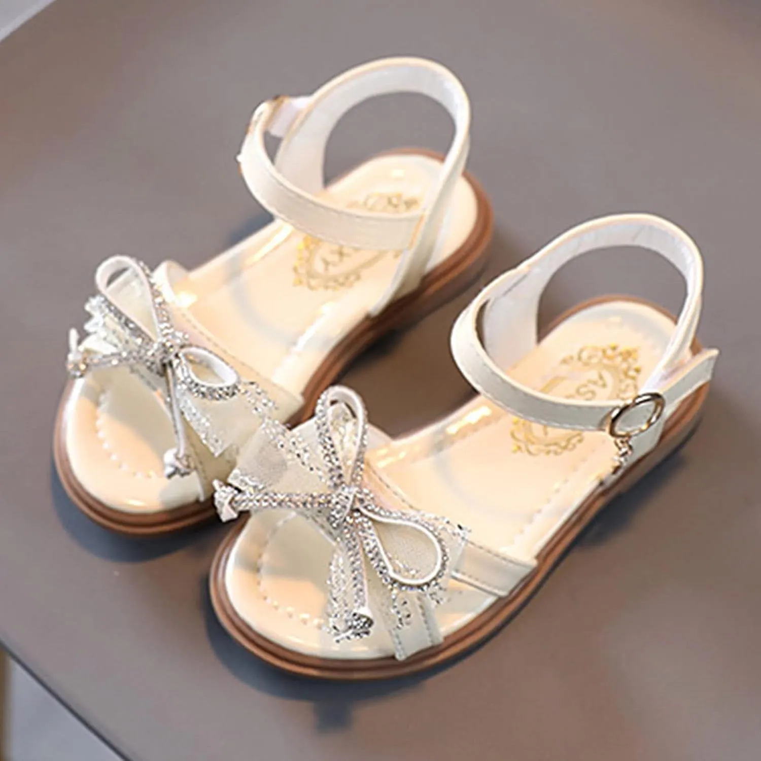 Girls Sandals Bowknot Dress Shoes Open Toe Ankle Strap Buckle Flat Sandal Slip On Rounded Toe Walking Shoes