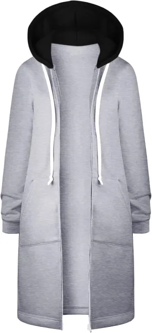 GOFULY Hooded For Women Full Zip Knee Length Tunic Sweatshirt Dresses Fleece Fall Jackets Long Sleeve Solid Clothes Pockets