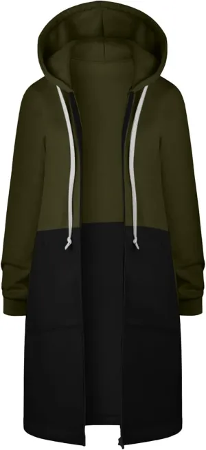 GOFULY Hooded For Women Full Zip Knee Length Tunic Sweatshirt Dresses Fleece Fall Jackets Long Sleeve Solid Clothes Pockets