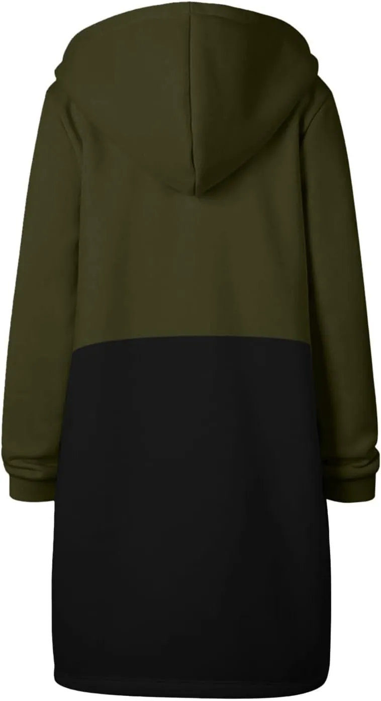 GOFULY Hooded For Women Full Zip Knee Length Tunic Sweatshirt Dresses Fleece Fall Jackets Long Sleeve Solid Clothes Pockets