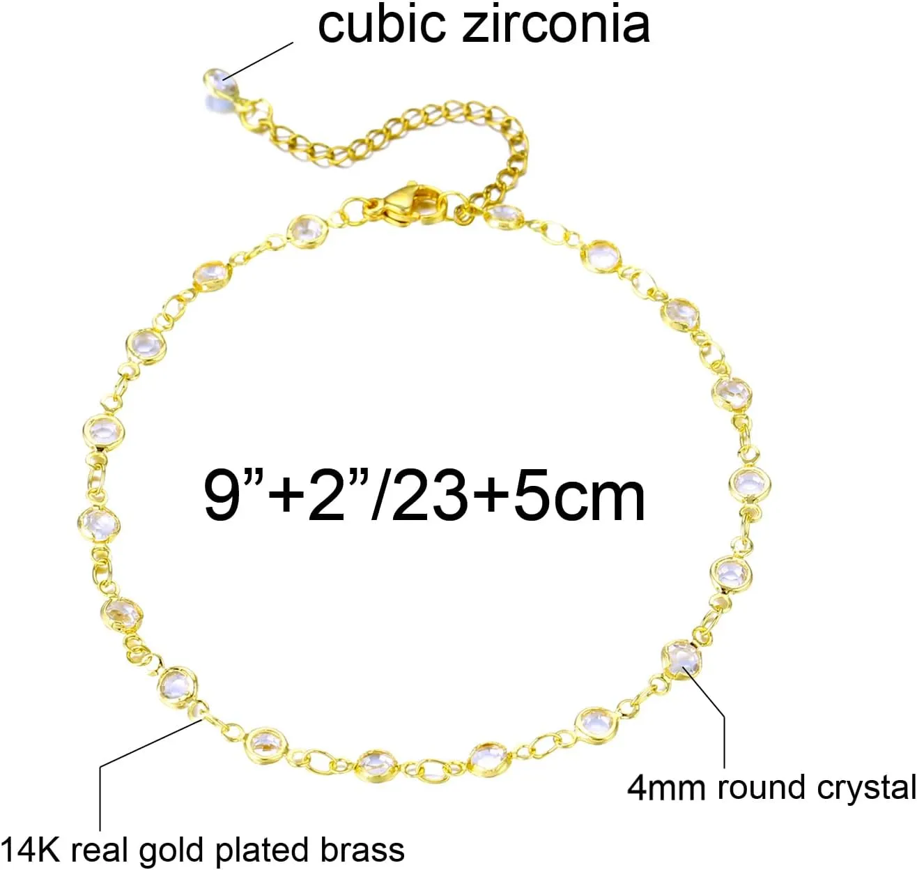 Gold Ankle Bracelets for Women 14K Gold Plated Crystal Oval Round Butterfly Charm Chain Anklets for Women Waterproof