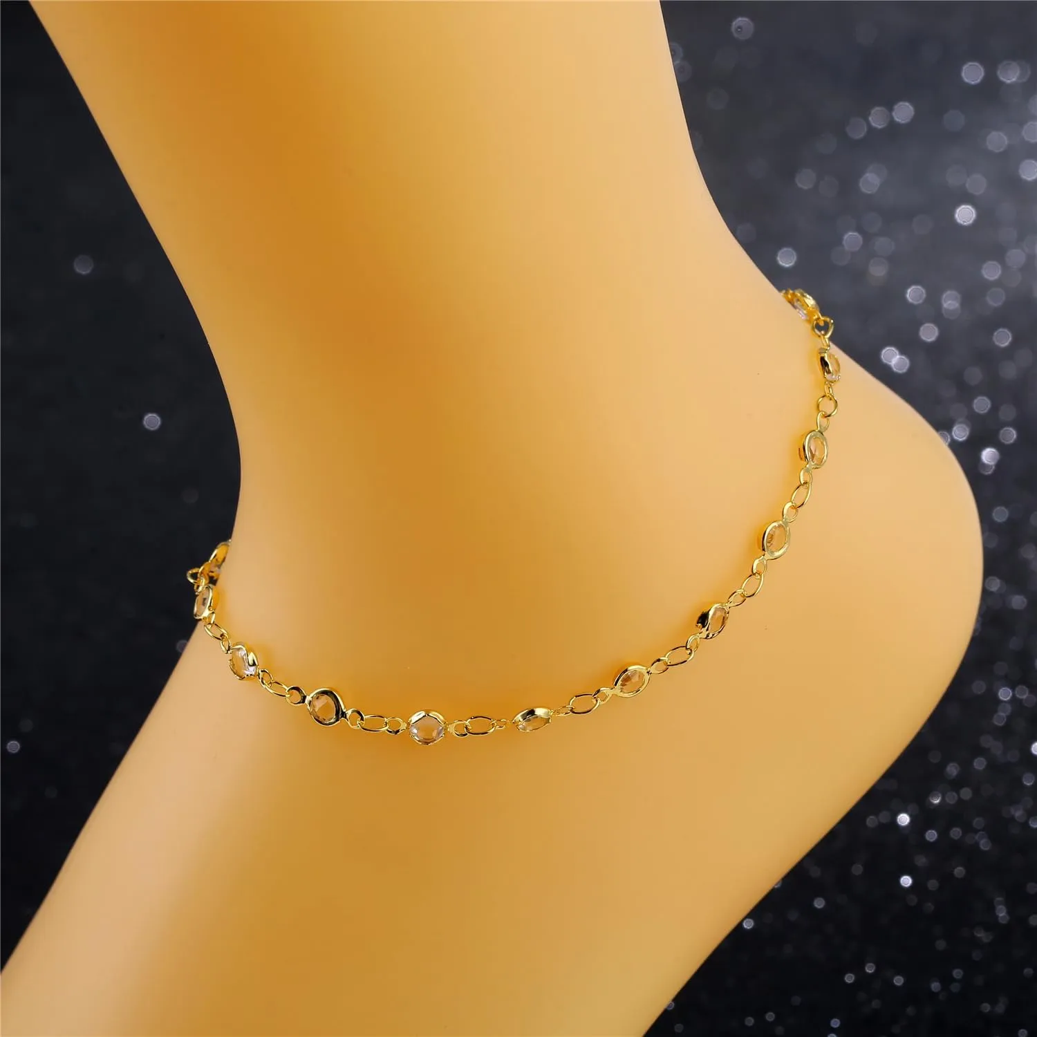 Gold Ankle Bracelets for Women 14K Gold Plated Crystal Oval Round Butterfly Charm Chain Anklets for Women Waterproof