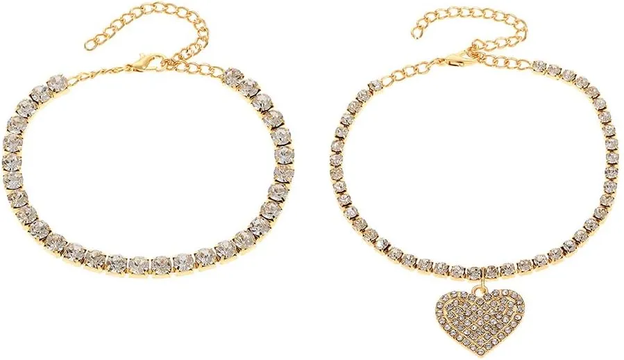 Gold Ankle Bracelets for Women,Sandbeach Anklets Bracelets,Waterproof Cuban Butterfly Heart Crystal Rhinestone Link Chain Anklets Set Dainty Jewelry Gift